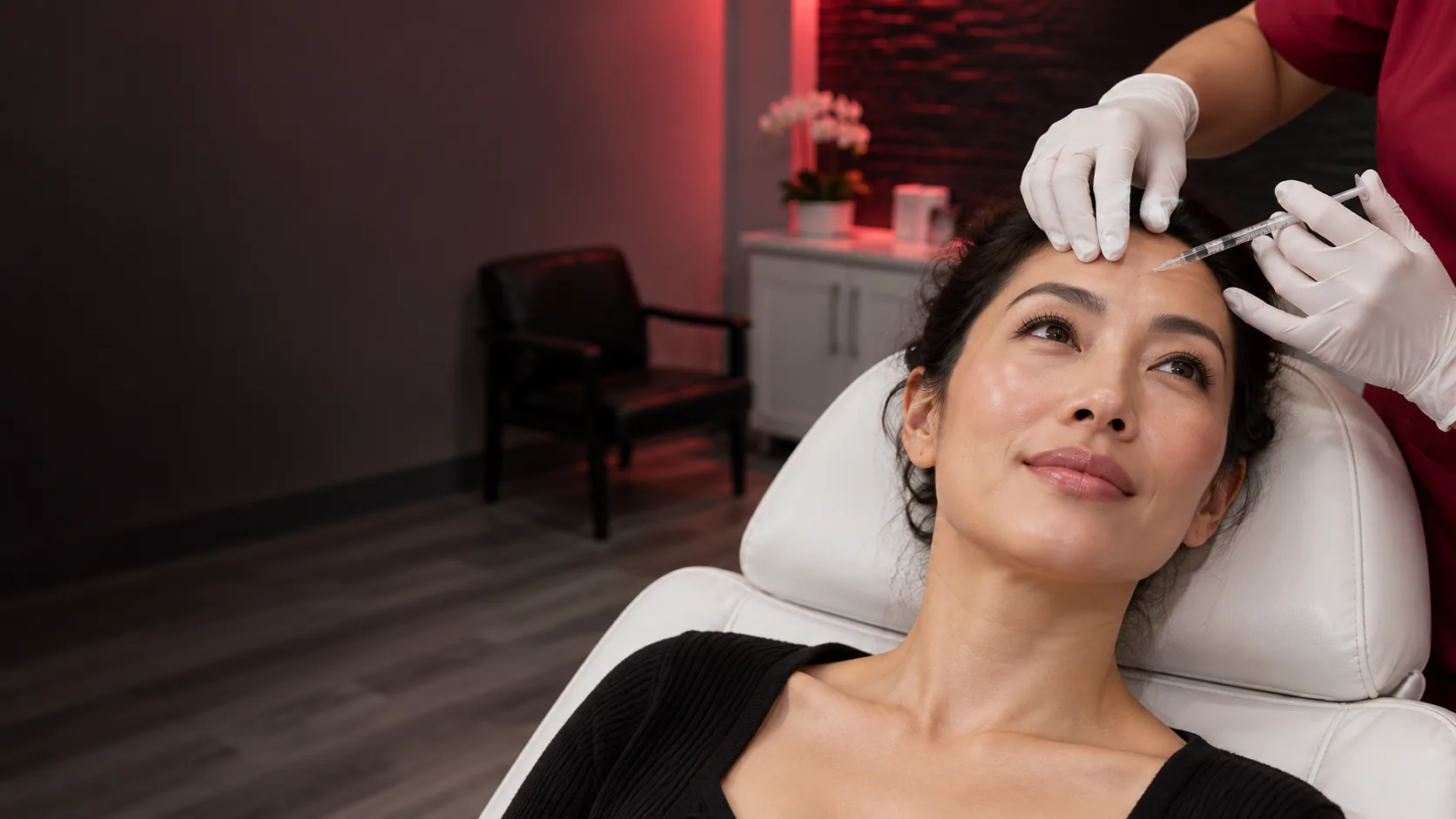 Woman reclining in a treatment chair as a gloved provider holds a syringe near her forehead.